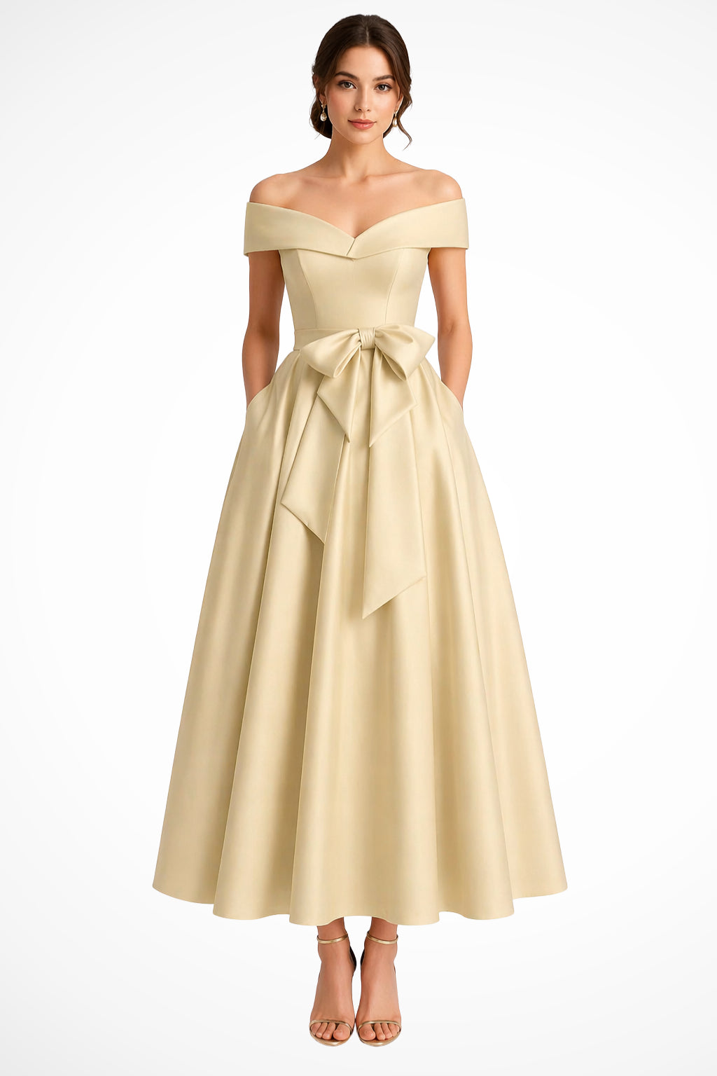 Close-up of statement bow detail at waist