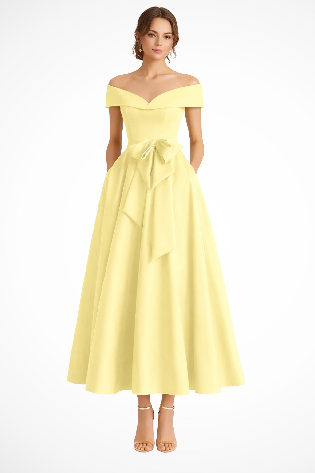 Detail of bow waist accent and fitted bodice