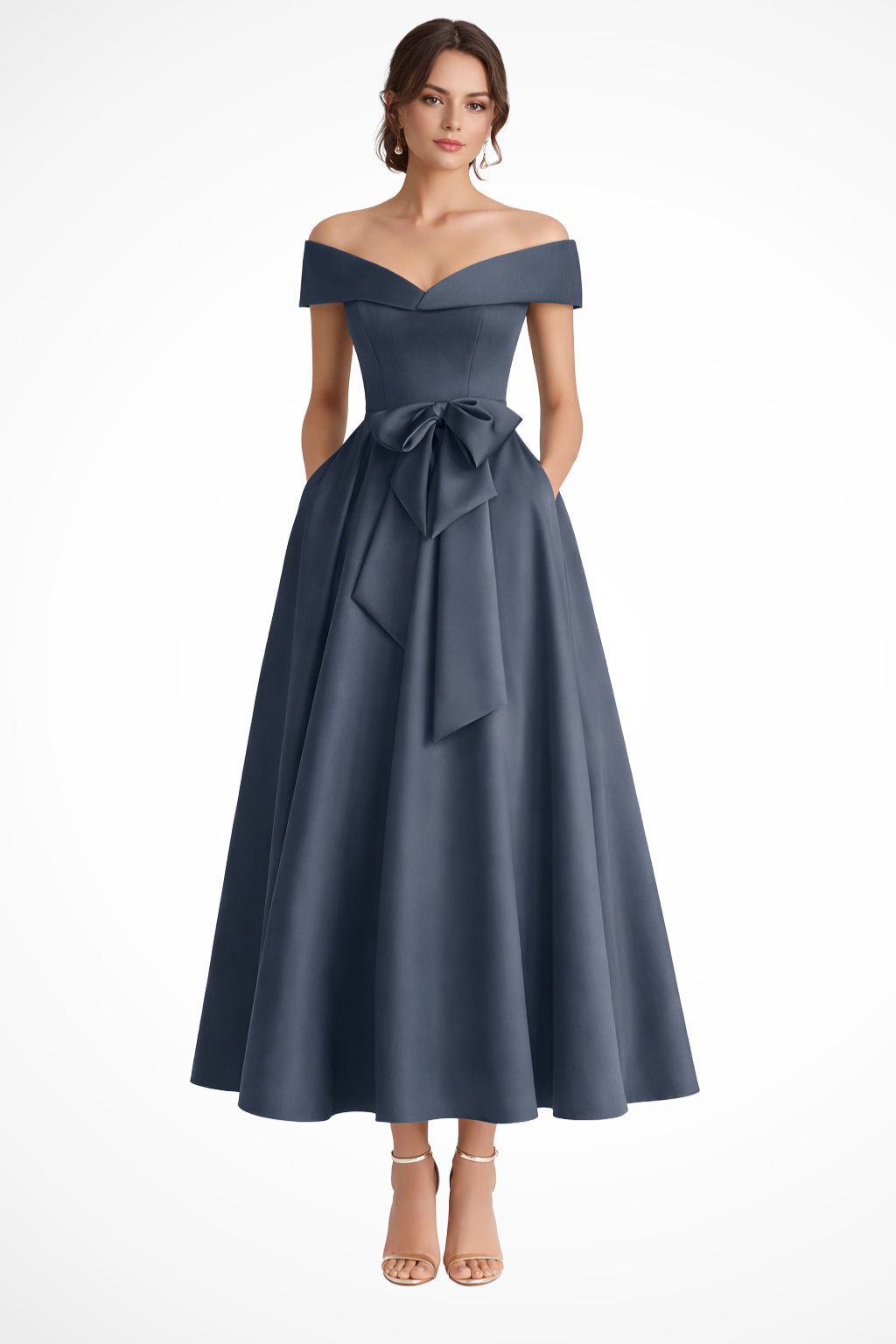 Model posing in dress showing full length midi hem