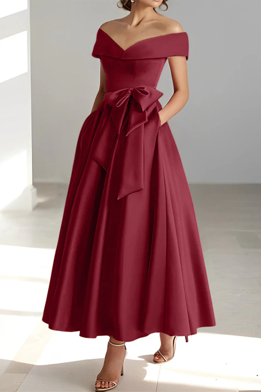 Side profile showing dress silhouette and skirt flow