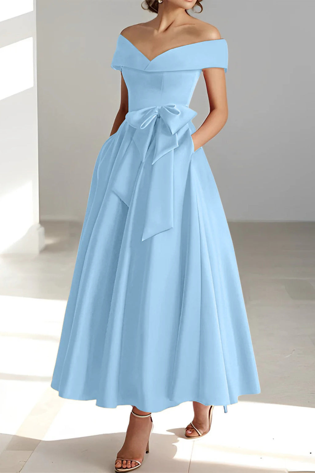 Model wearing dress from side angle showing A-line skirt