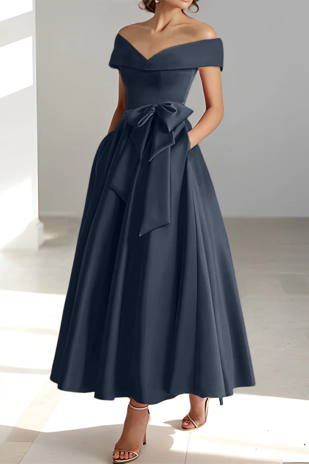 Detail shot of structured bodice and bow waist