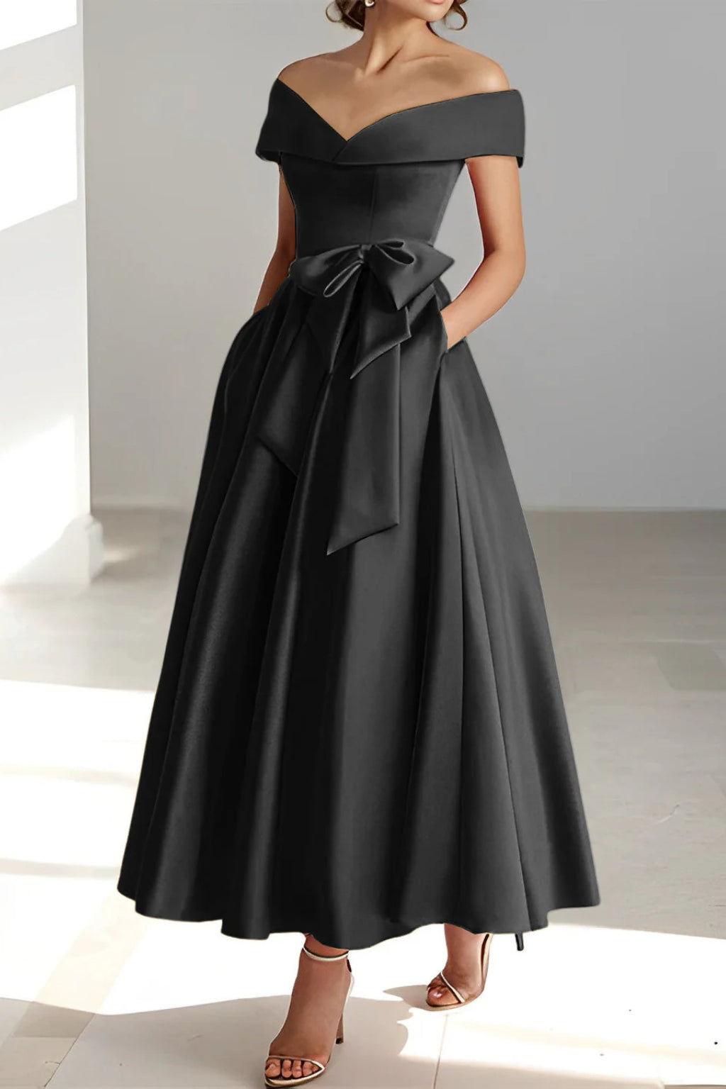 Close-up of off shoulder neckline and décolletage