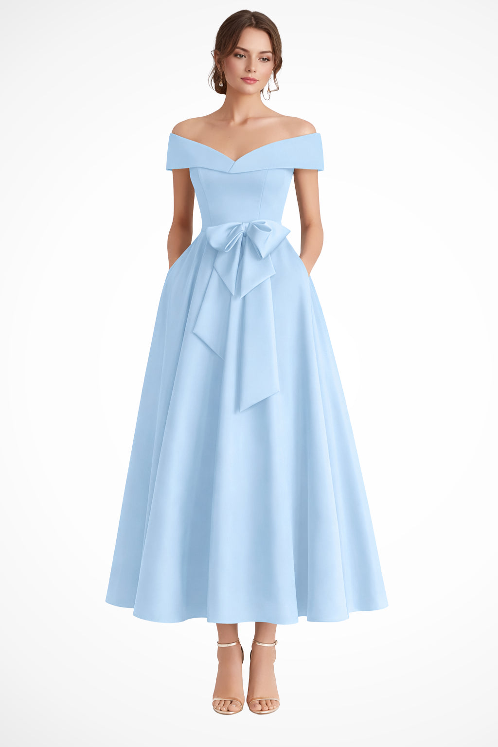 Off shoulder bow waist midi dress worn on model, front view