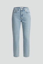 Light blue shimmer straight leg jeans displayed flat on white background