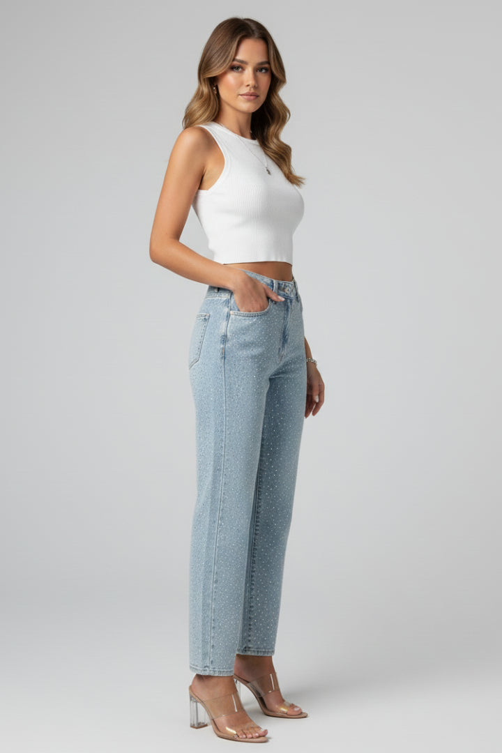 Women's Light Blue Shimmer High Waist Straight Leg Jeans