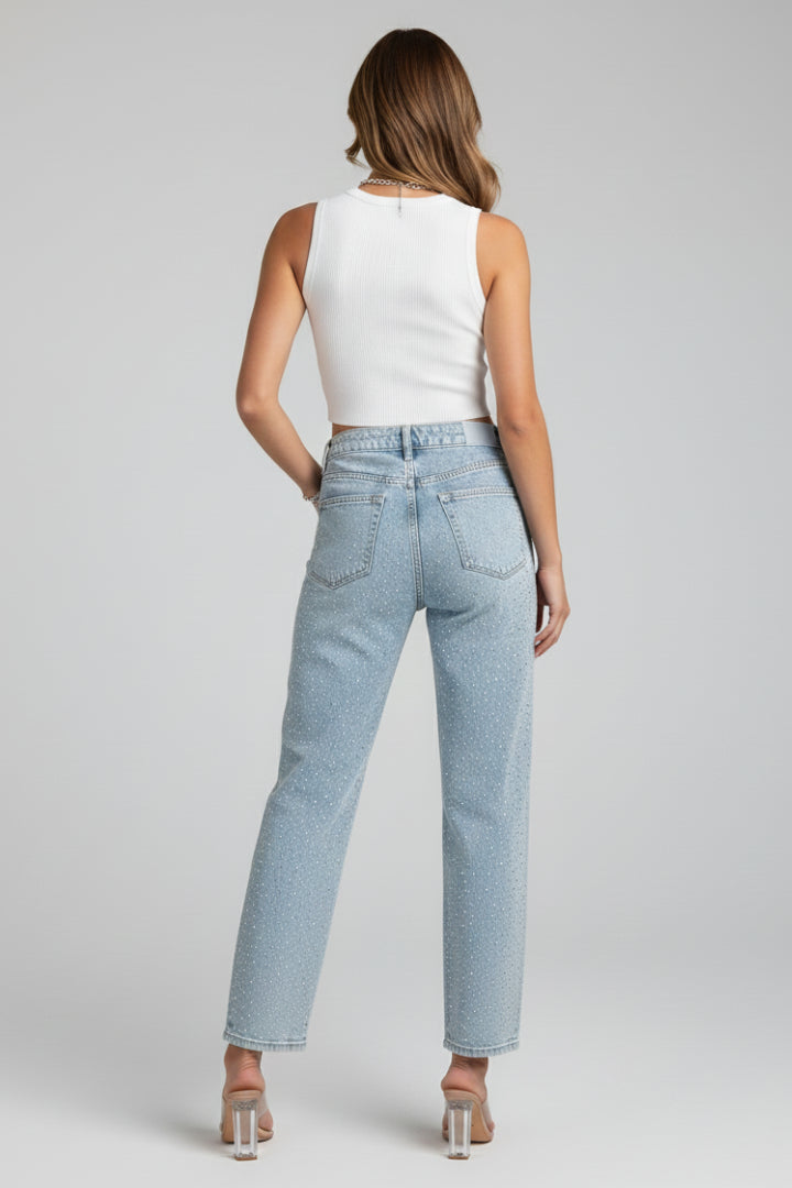 Women's Light Blue Shimmer High Waist Straight Leg Jeans