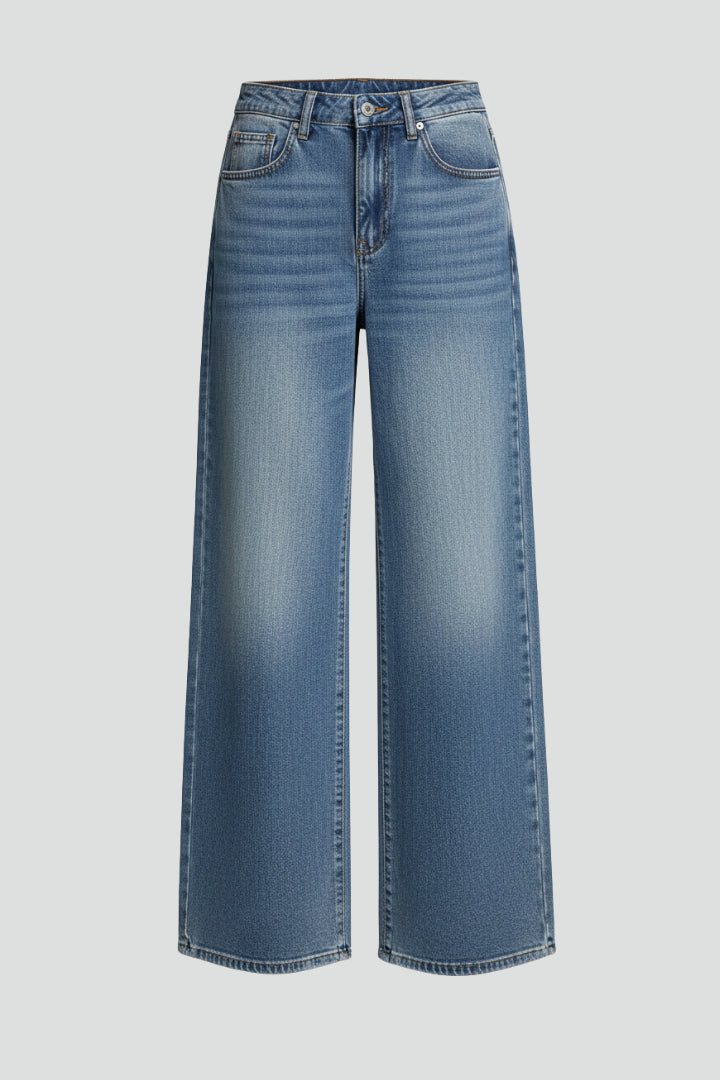 Women's Light Blue Wide Leg Denim Jeans with Relaxed Fit