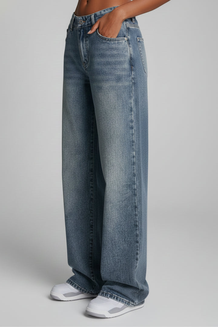 Women's Light Blue Wide Leg Denim Jeans with Relaxed Fit