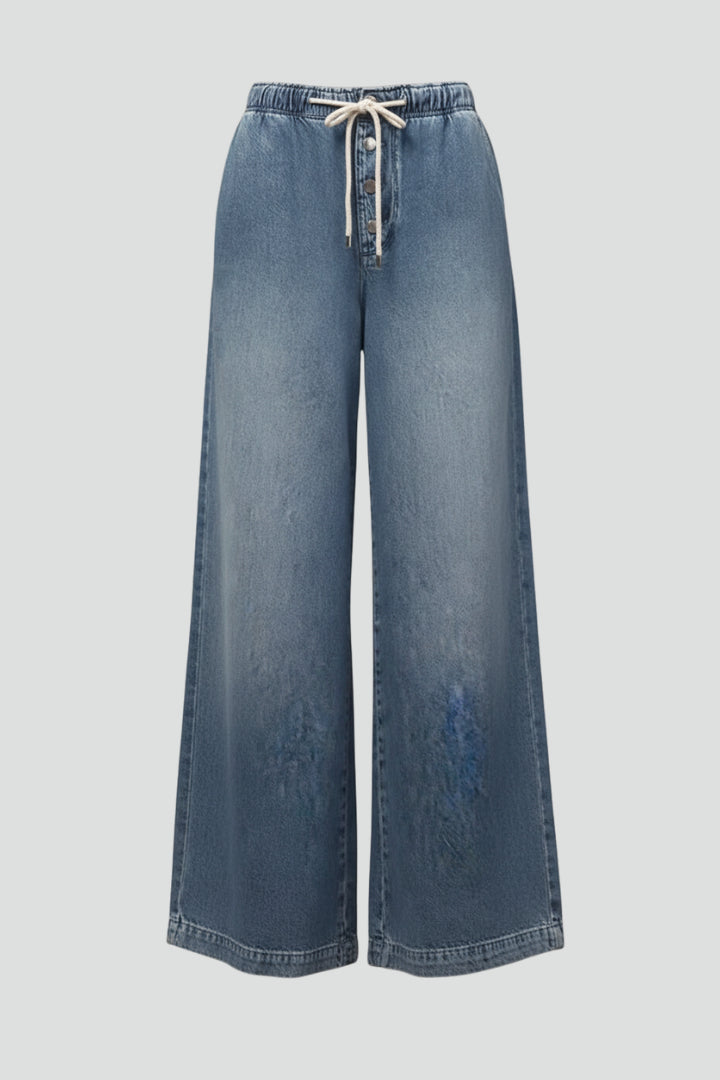 Women's Light Blue Wide Leg Drawstring Denim Trousers