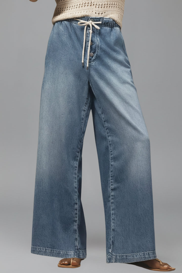 Women's Light Blue Wide Leg Drawstring Denim Trousers