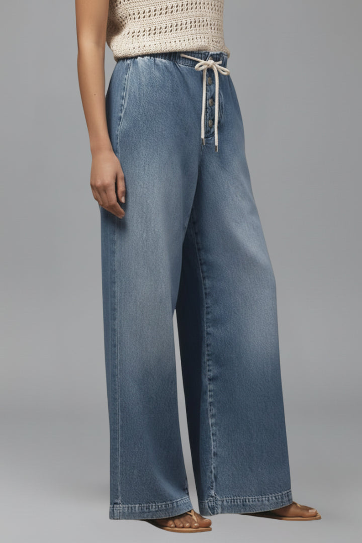 Women's Light Blue Wide Leg Drawstring Denim Trousers