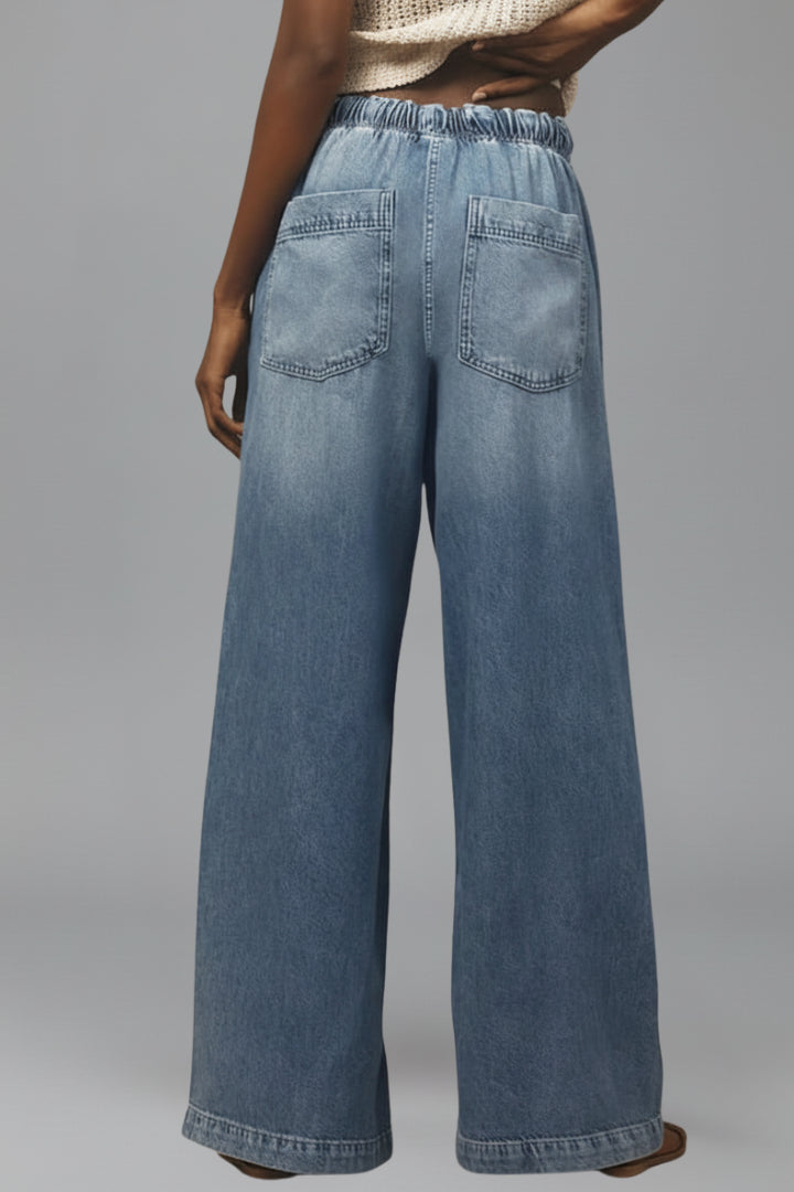 Women's Light Blue Wide Leg Drawstring Denim Trousers