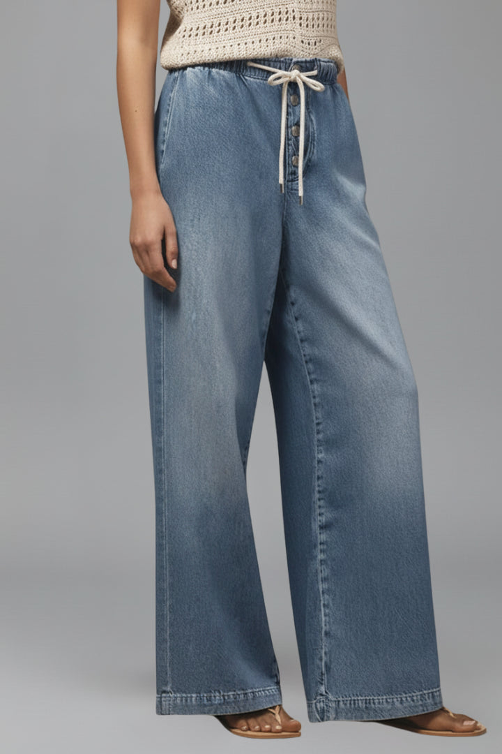 Women's Light Blue Wide Leg Drawstring Denim Trousers