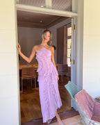 Women's pleated ruffle halter maxi dress in full-length front view
