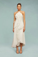 Rear view of halter maxi dress showing cross-back design