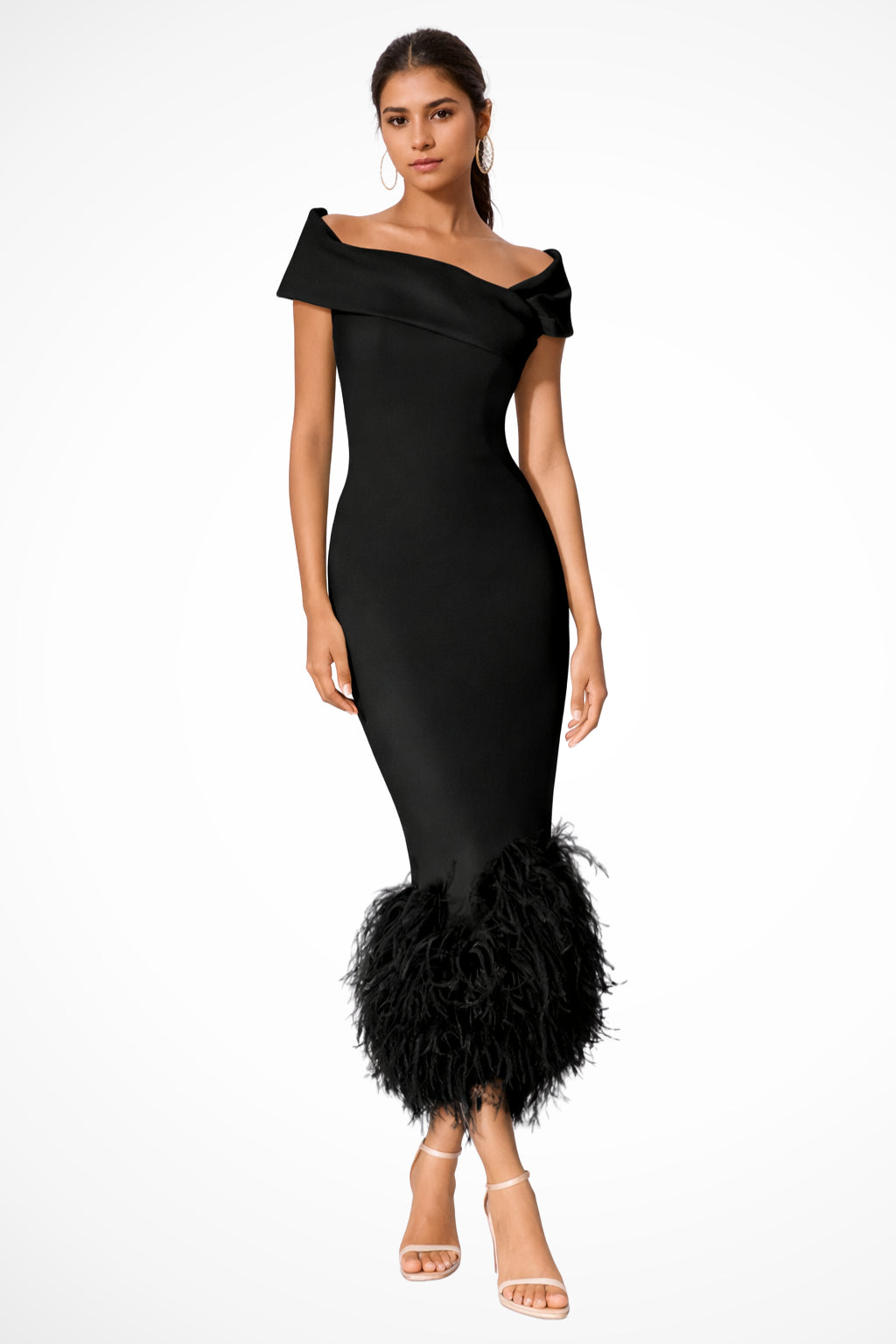 Three-quarter angle view of fitted midi dress
