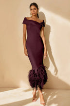 Off shoulder dress, rear three-quarter view