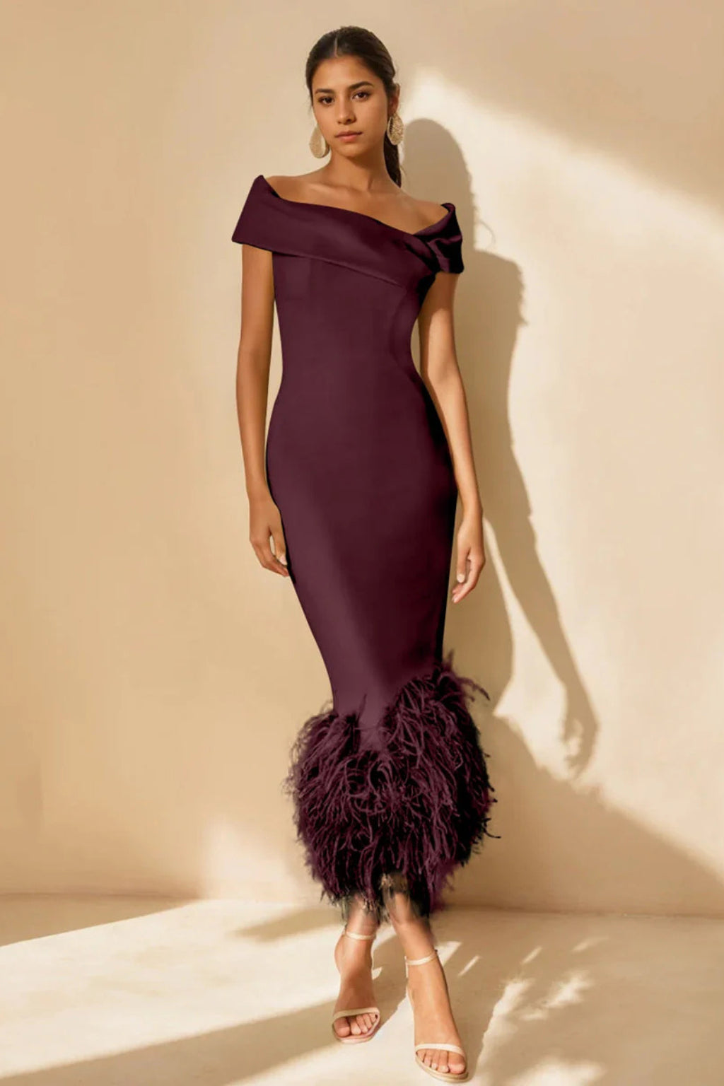 Off shoulder dress, rear three-quarter view