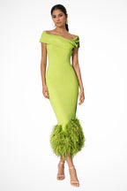 Off shoulder feather hem midi dress, front view on model