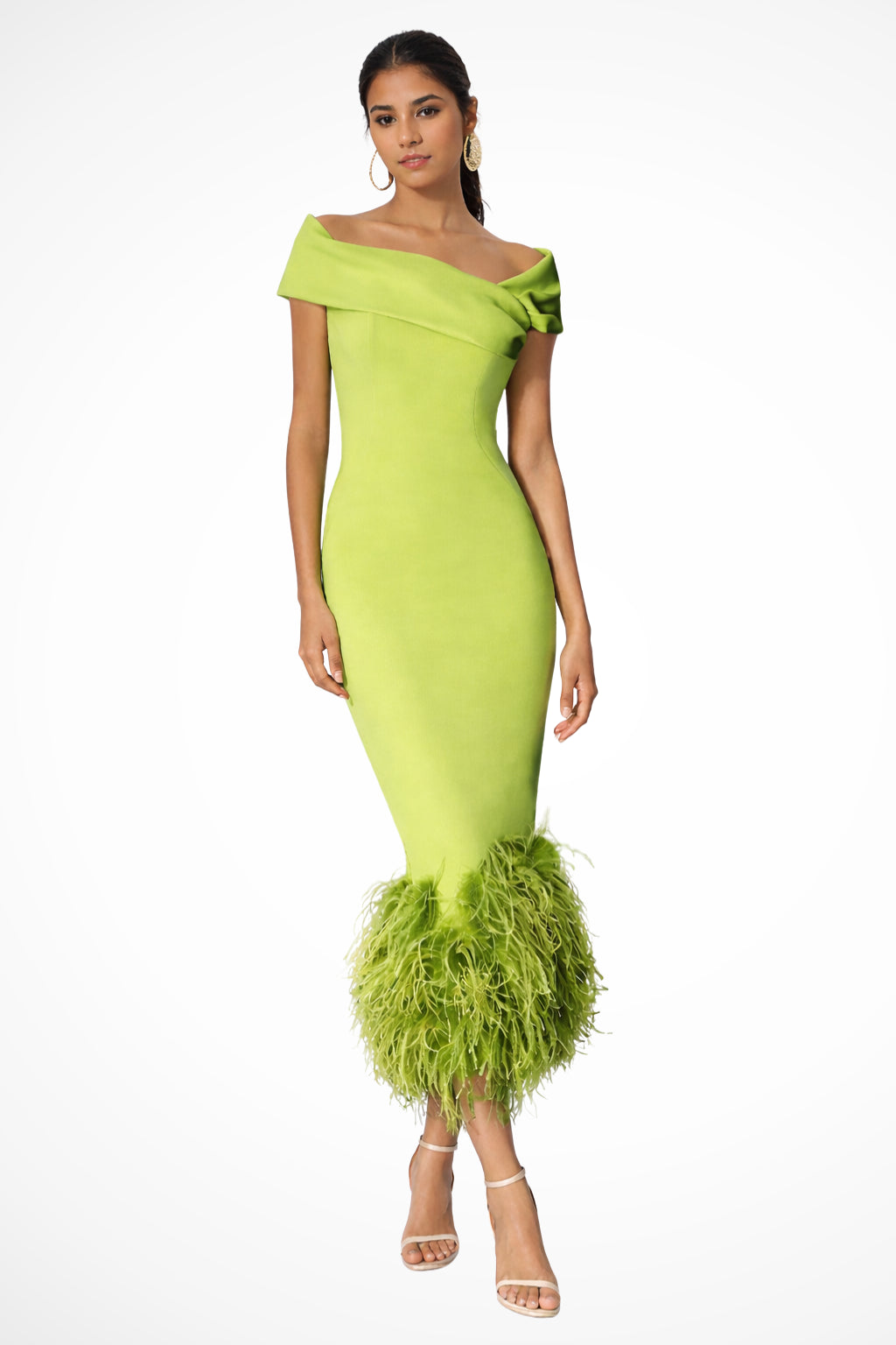 Off shoulder feather hem midi dress, front view on model