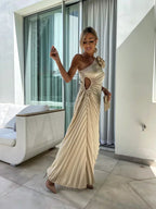 Layered pleats detail on dress skirt