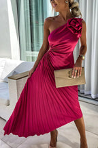 Women's one shoulder pleated midi dress in satin, front view