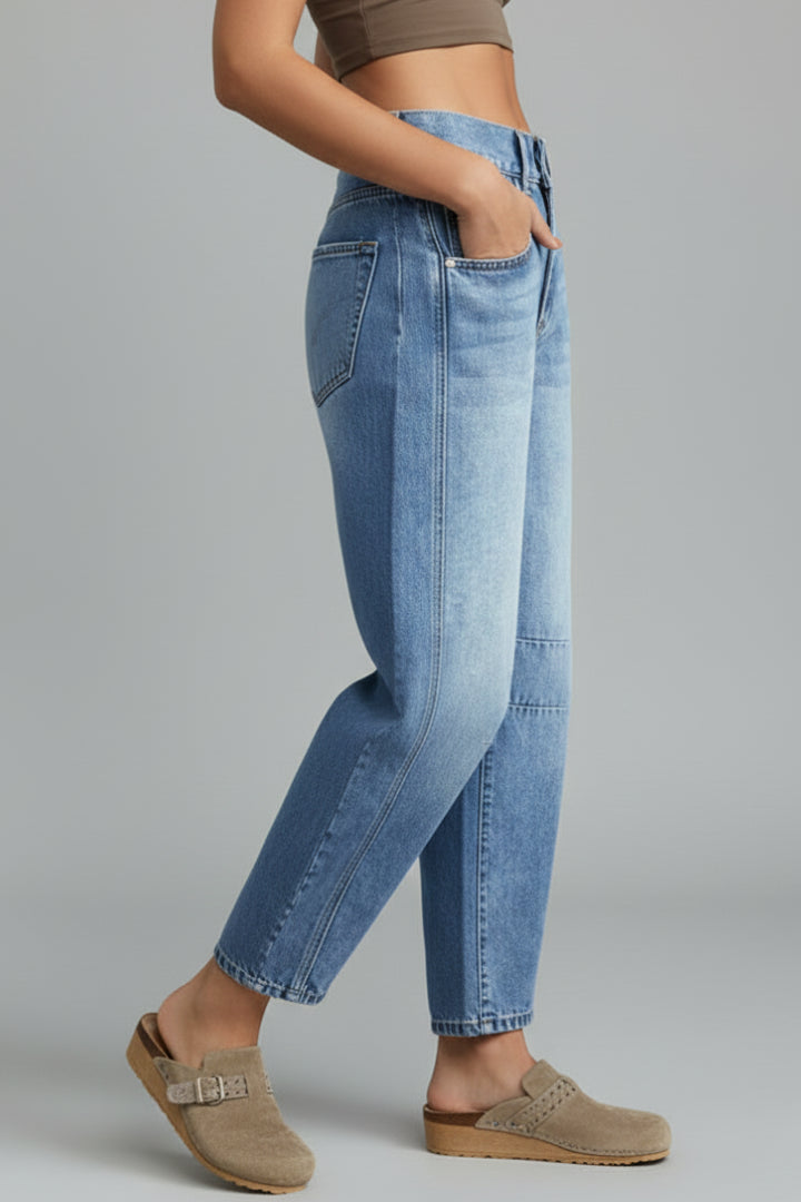 Women's Mid Blue Denim Barrel Leg Jeans with Mid Rise Waist