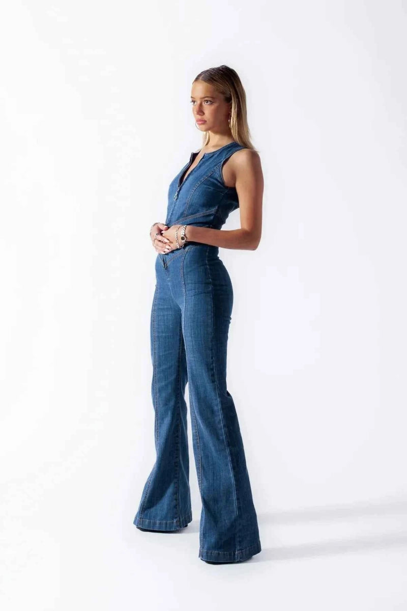 Front view showing plunging V-neckline and full-length zip detail