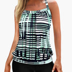 Women's mint green striped tankini top with geometric pattern, front view