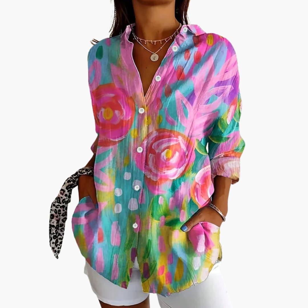 Women's abstract long sleeve blouse with multicolour floral print, button-front, flat lay