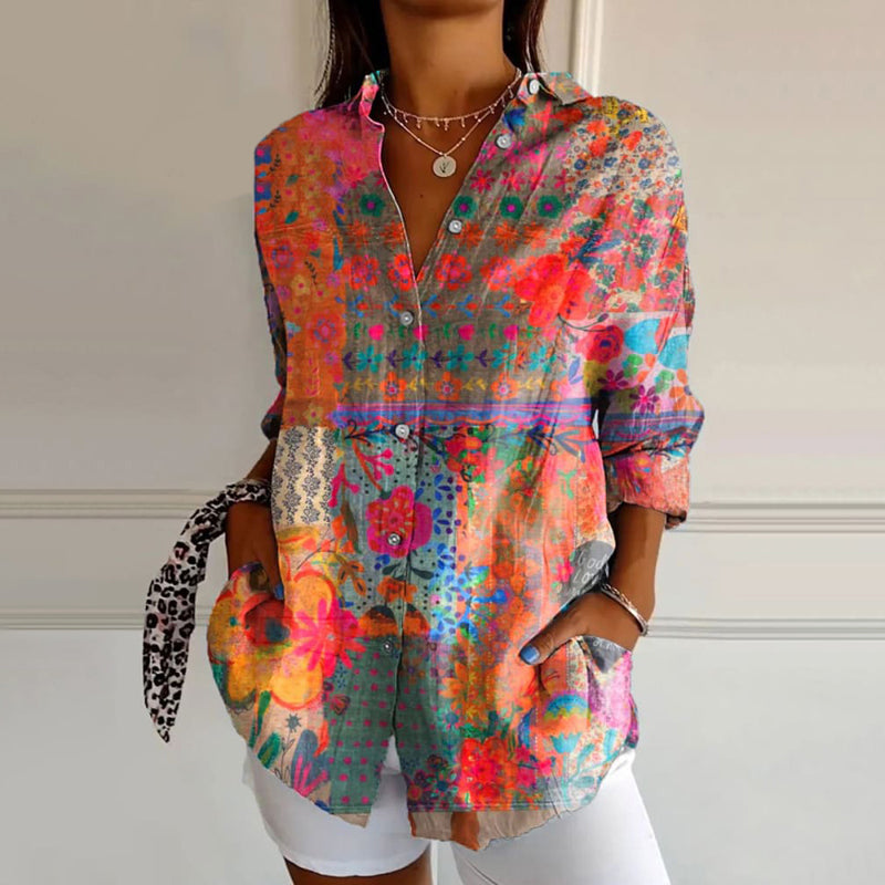 Women wearing multicolour floral patchwork long sleeve blouse with button-down front