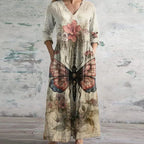 Close-up of colourful floral and polka dot patchwork panels on dress