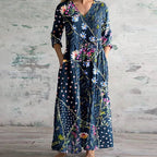 Model in patchwork maxi dress showing relaxed silhouette and flowing fabric detail
