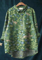 Full-length view of floral linen shirt on model