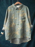 Side view of floral linen shirt on model