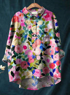 Women's floral linen button-front shirt, front view on model
