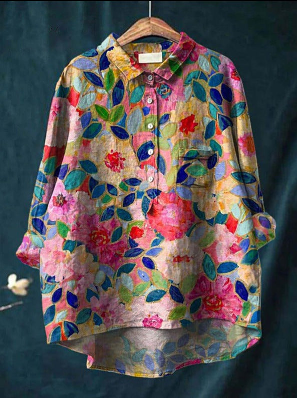Back view showing longer hem detail of linen shirt
