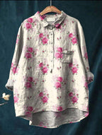 Model wearing shirt, three-quarter turn pose