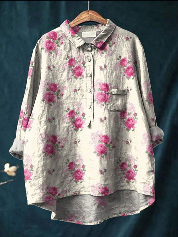 Model wearing shirt, three-quarter turn pose