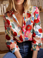 Back view of floral collared blouse on model
