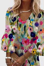 Close-up detail of abstract floral print and V-neckline on midi dress