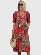 Model wearing floral dress, full-length side profile pose