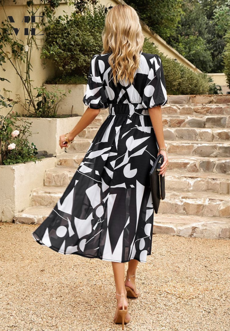 Detail of v-neckline on floral dress