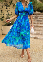 Close-up of puff sleeve detail on floral dress