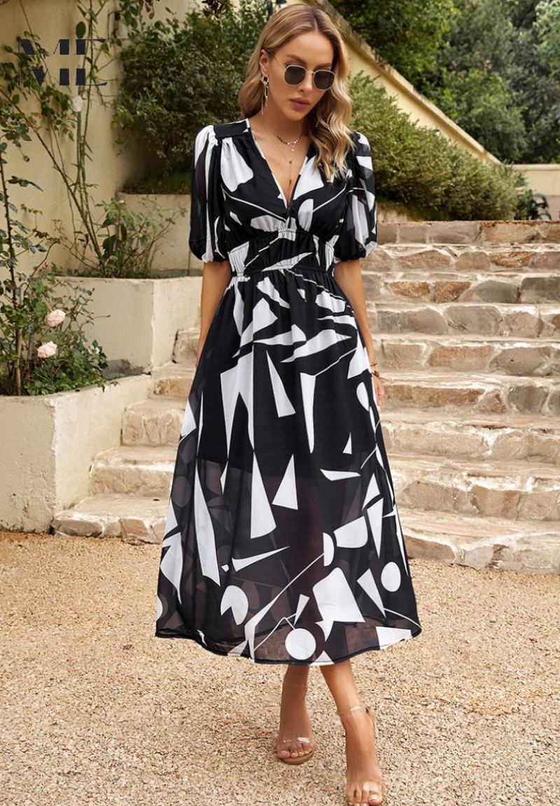 Model wearing dress, front close-up pose