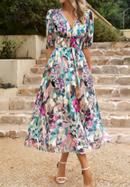Model in floral dress, side profile shot