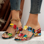 Side profile of jewel sandals showing chunky block heel and arch support detail