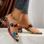 Women's multicolour jewel block heel sandals with dual embellished straps, front view