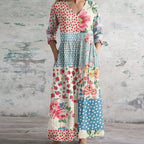 Women wearing patchwork floral maxi dress with V-neckline, full-length front view